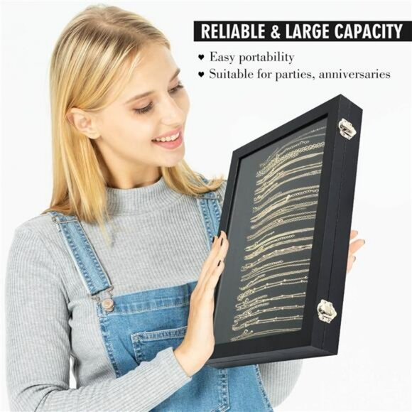 Velvet Necklace Organizer Box with Glass Lid 20 Hooks Jewelry Storage Tray - Picture 6 of 7